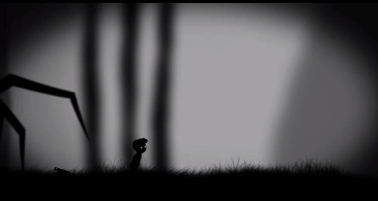 Image from Limbo animation, showing a silhoutte boy being chased through a dark forest by a giant spider